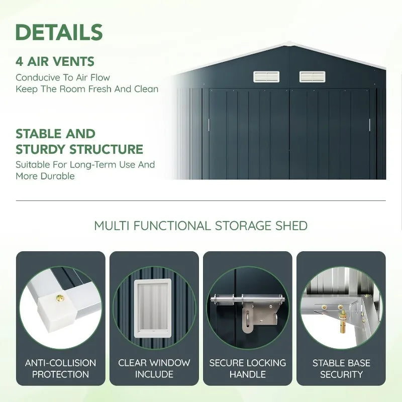 10X12X7.5 FT Outdoor Steel Storage Shed Lockable Doors,2 Windows,Transparent Roof Panels (Wood Panels Frame Floor Not Included)