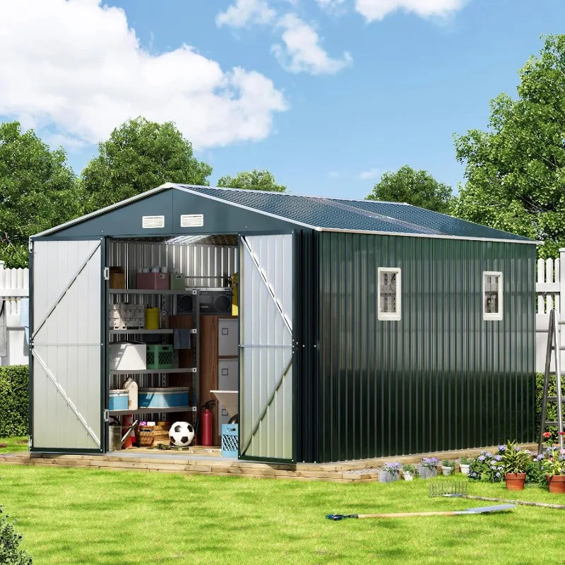 10X12X7.5 FT Outdoor Steel Storage Shed Lockable Doors,2 Windows,Transparent Roof Panels (Wood Panels Frame Floor Not Included)