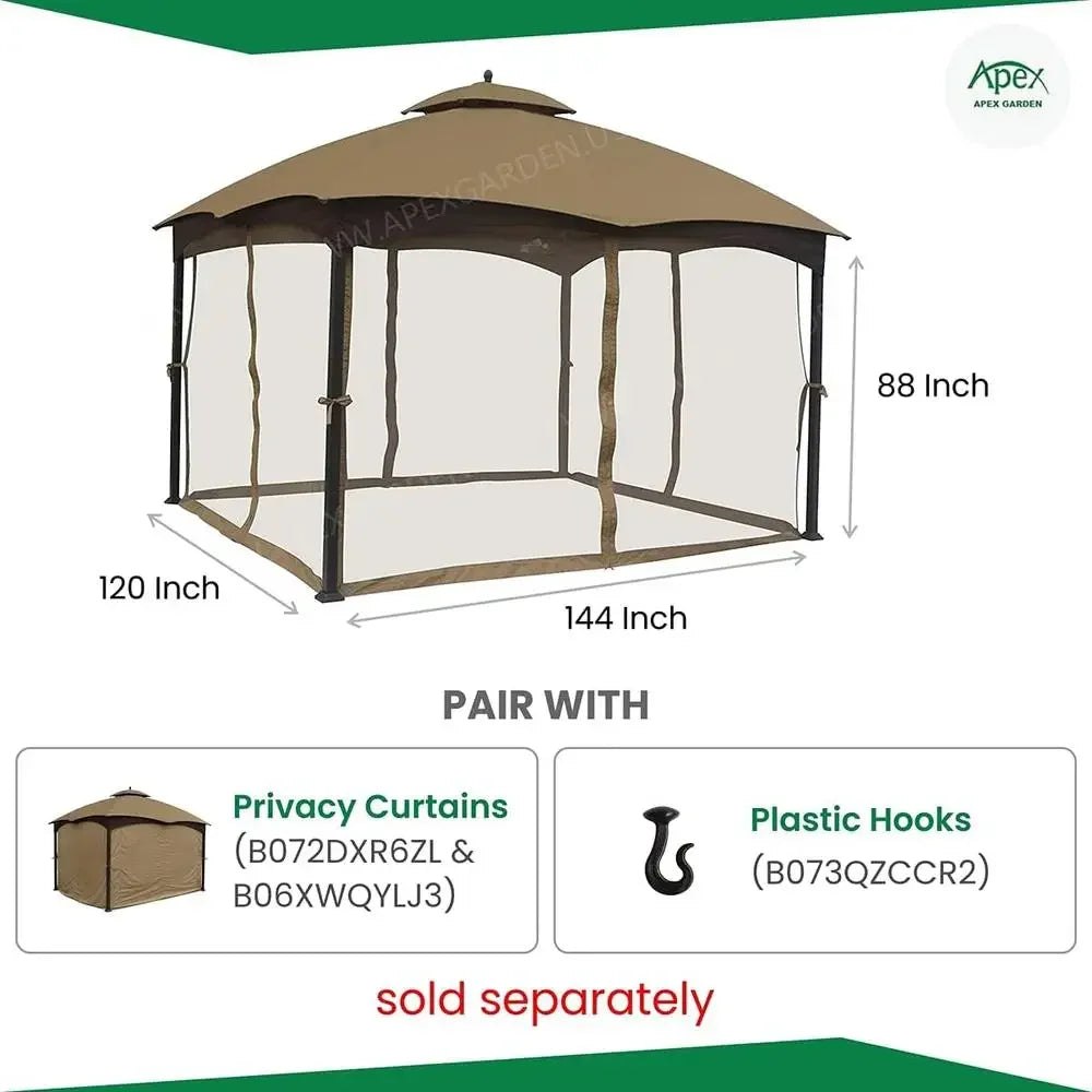 10x12 Gazebo Mosquito Net Replacement Insect Barrier Weather Resistant Polyester Bug Netting Zippered Enclosures Outdoor Use