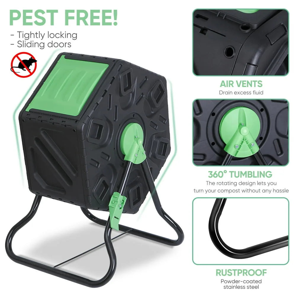 18.5Gal Outdoor Tumbling Composter Compact Compost Bin Bpa-Free Material Black