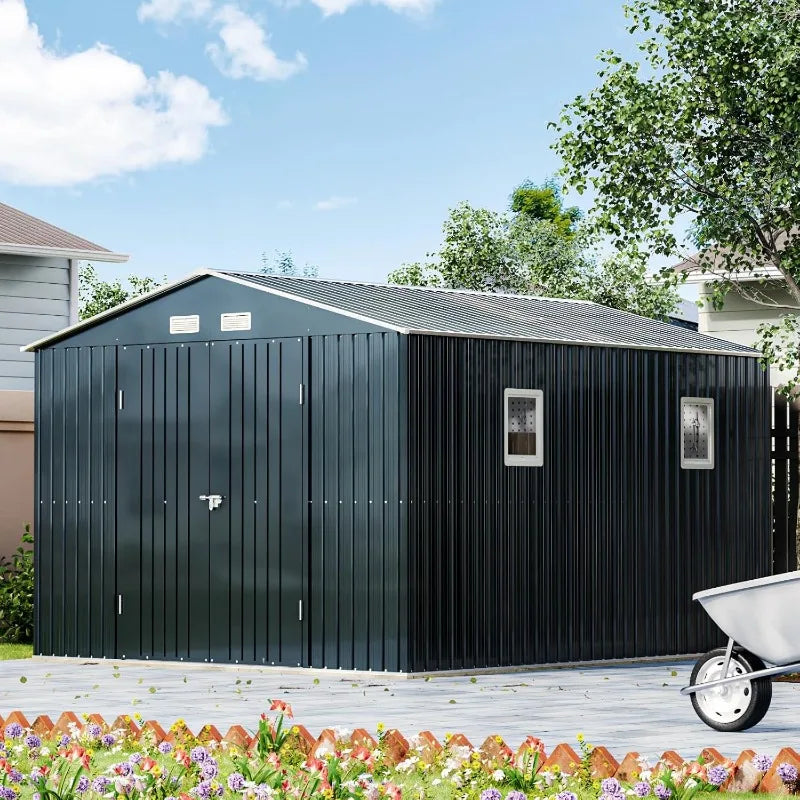 10X12X7.5 FT Outdoor Steel Storage Shed Lockable Doors,2 Windows,Transparent Roof Panels (Wood Panels Frame Floor Not Included)