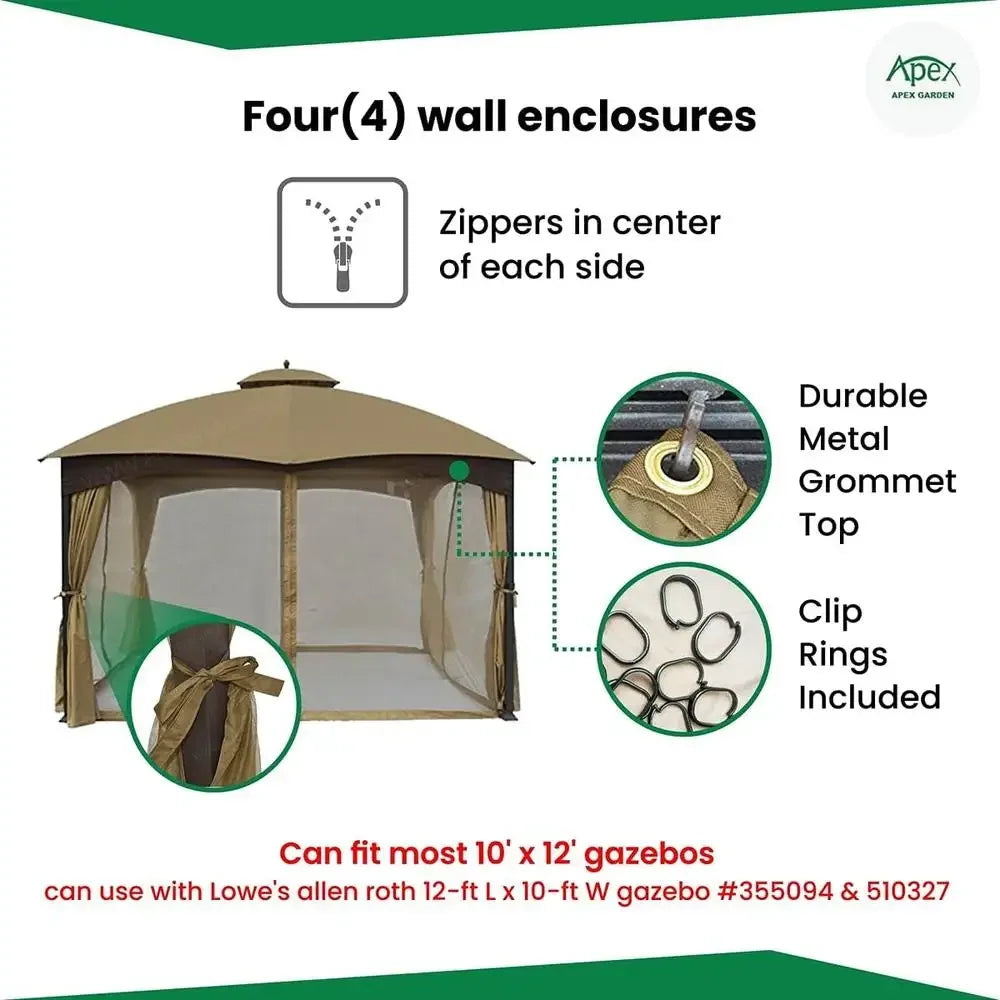 10x12 Gazebo Mosquito Net Replacement Insect Barrier Weather Resistant Polyester Bug Netting Zippered Enclosures Outdoor Use