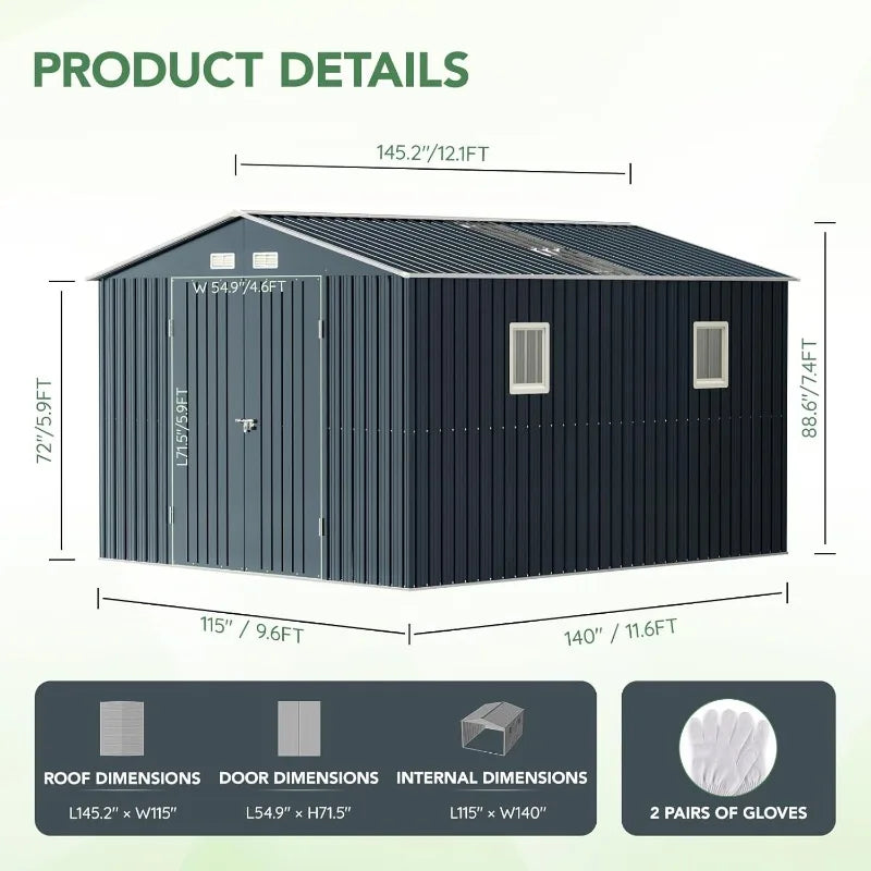 10X12X7.5 FT Outdoor Steel Storage Shed Lockable Doors,2 Windows,Transparent Roof Panels (Wood Panels Frame Floor Not Included)