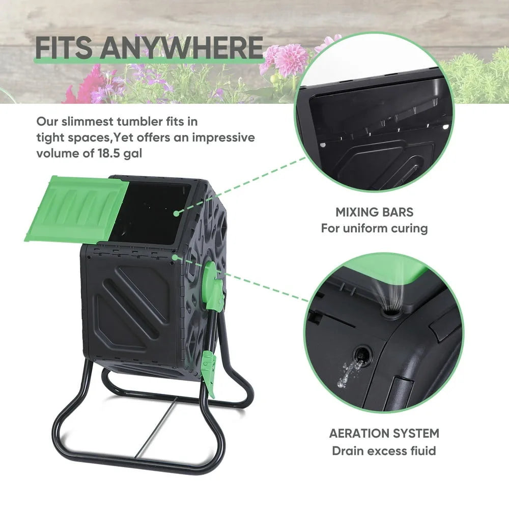 18.5Gal Outdoor Tumbling Composter Compact Compost Bin Bpa-Free Material Black