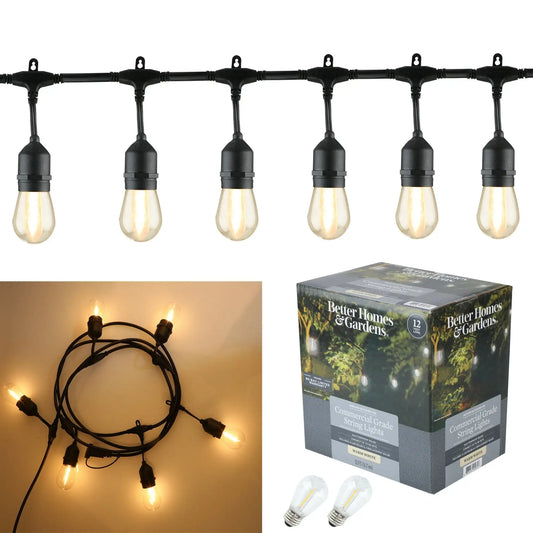 (2 pack)12-Foot Outdoor Commercial String Light, 6 Shatterproof LED Bulbs, Plug-In, Weather-Resistant