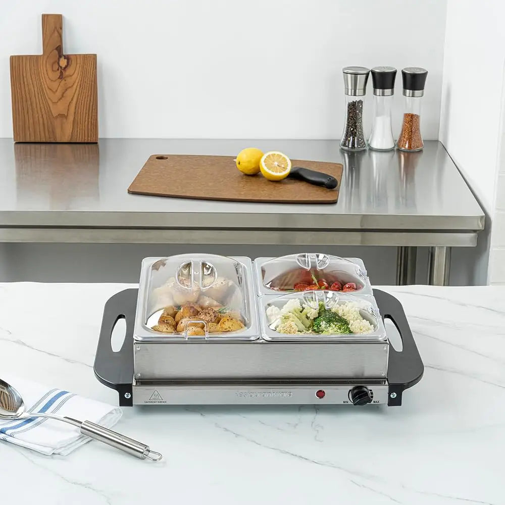 -Kitchen Tek Electric Food Warmer, 1 Buffet Server With Temperature Control - Ludes 2 X 1 Quart Buffet Pans And 1 X 2.5 Quart