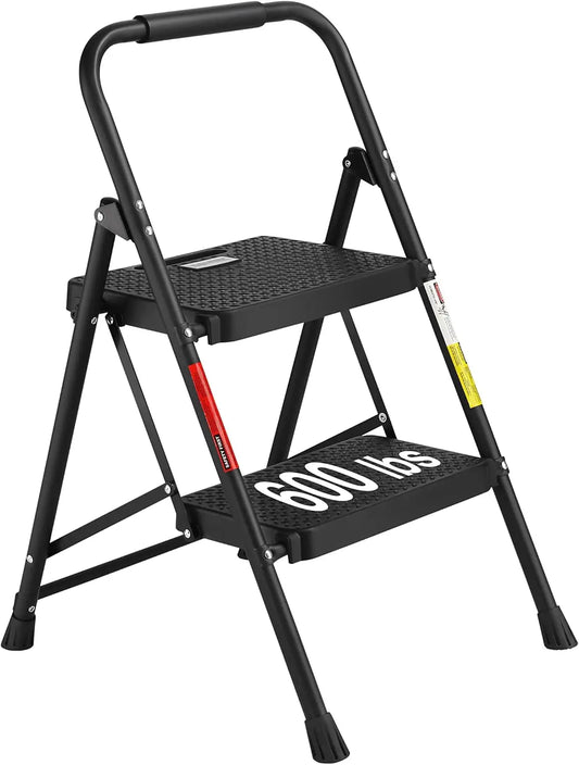 2-Step Ladder, Folding Step Stool, 600Lbs Max Load Acity, Sturdy Steel, Non-Slip Pedals, Lightweight, Portable Steel Ladder