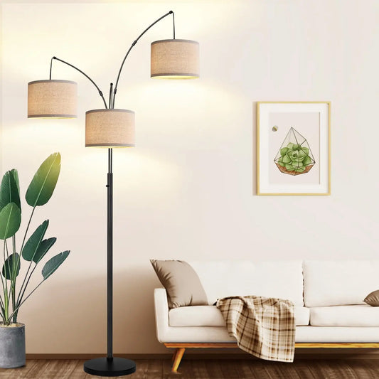 3 Lights Arc Floor Lamps for Living Room, 1000LM Modern Tall Standing Lamp With Beige Shades