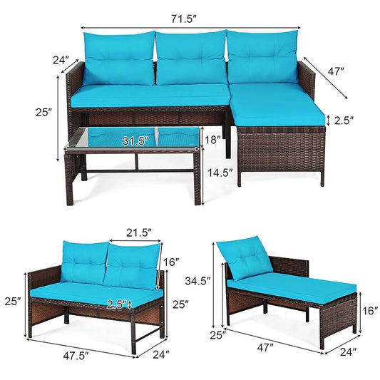 3 Piece Wicker Patio Furniture Set, Pe Rattan Outdoor Sectional Sofa Conversation Set With Loveseat, Lounge And Tempered Glass
