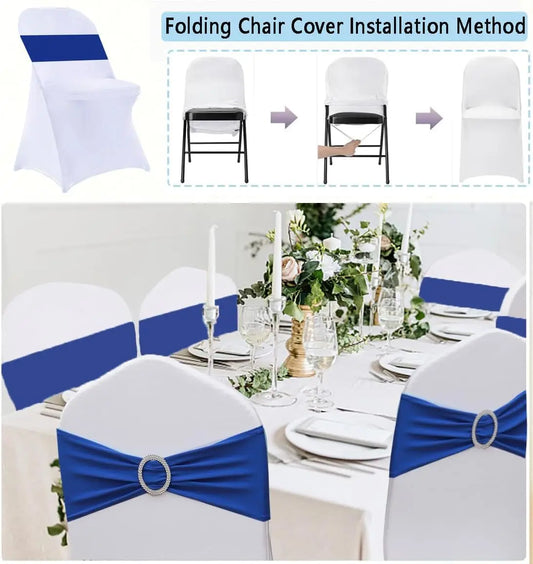 25 Pa White Folding Chair Covers With 25 Pa Royal Blue Chair Sashes, 50 Sets Spandex Folding Chair Covers And Spandex Chair
