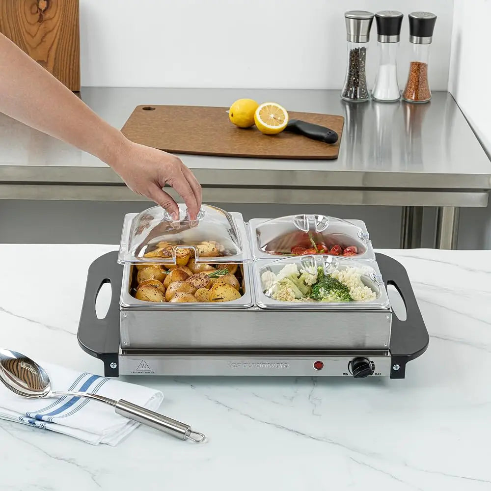 -Kitchen Tek Electric Food Warmer, 1 Buffet Server With Temperature Control - Ludes 2 X 1 Quart Buffet Pans And 1 X 2.5 Quart