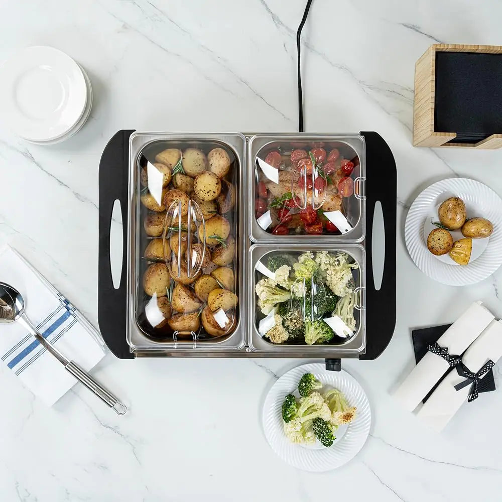 -Kitchen Tek Electric Food Warmer, 1 Buffet Server With Temperature Control - Ludes 2 X 1 Quart Buffet Pans And 1 X 2.5 Quart