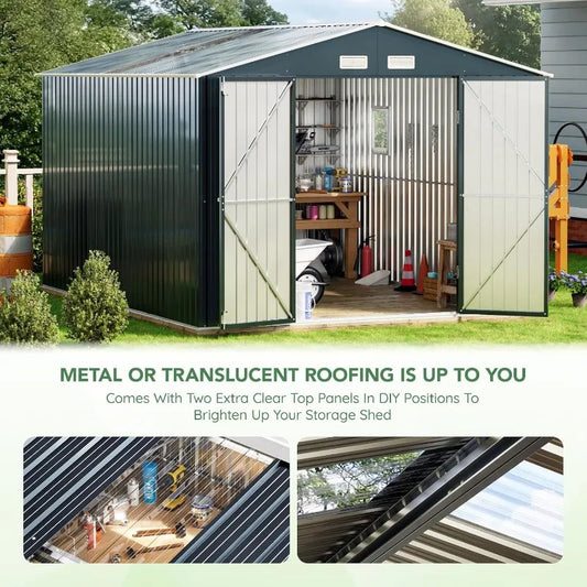 10X12X7.5 FT Outdoor Steel Storage Shed Lockable Doors,2 Windows,Transparent Roof Panels (Wood Panels Frame Floor Not Included)