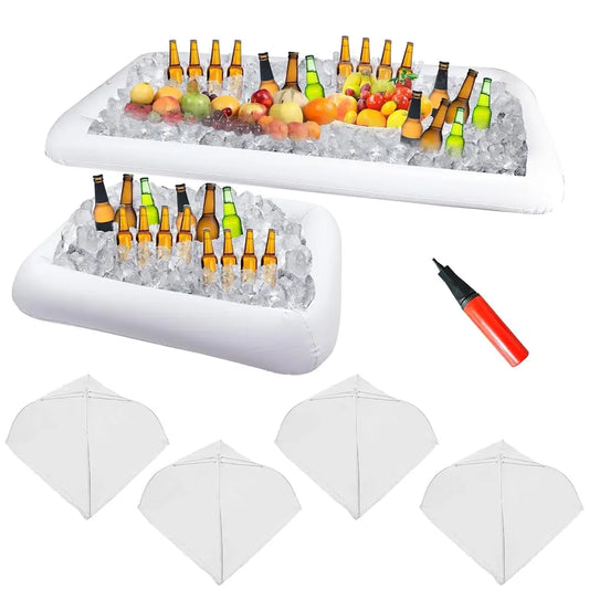 2 Pieces Inflatable Serving Bar 4 Pcs Food Umbrella Mesh Cover Tent Set Cold Food Buffet Server For Salads Beverages Ice Picnic